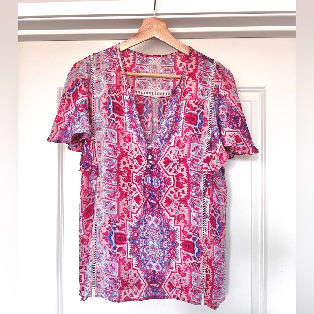 100% Silk flutter sleeve Parker top, L